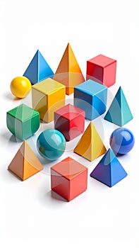 Colorful Geometric Shapes on White Background Cubes Pyramids and Spheres