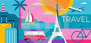 Colorful Geometric Summer and Travel Background, poster, banner. Summer time fun concept design promotion design and
