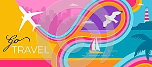 Colorful Geometric Summer and Travel Background, poster, banner. Summer time fun concept design promotion design and