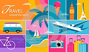 Colorful Geometric Summer and Travel Background, poster, banner. Summer time fun concept design promotion design and