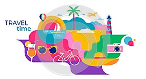 Colorful Geometric Summer and Travel Background, poster, banner. Summer time fun concept design promotion design and