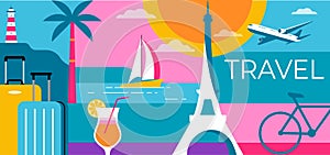 Colorful Geometric Summer and Travel Background, poster, banner. Summer time fun concept design promotion design and