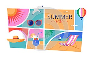 Colorful Geometric Summer and Travel Background, poster, banner. Summer time fun concept design promotion design and