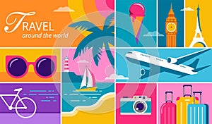 Colorful Geometric Summer and Travel Background, poster, banner. Summer time fun concept design promotion design and