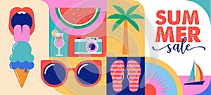 Colorful Geometric Summer and Travel Background, poster, banner. Summer time fun concept design promotion design and