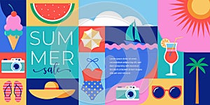 Colorful Geometric Summer and Travel Background, poster, banner. Summer time fun concept design promotion design and