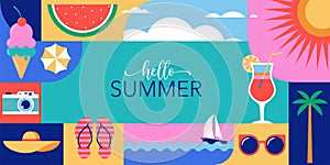 Colorful Geometric Summer and Travel Background, poster, banner. Summer time fun concept design promotion design and