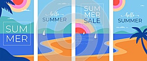 Colorful Geometric Summer and Travel Background, story templates, cards, posters, banners. Summer time fun concept