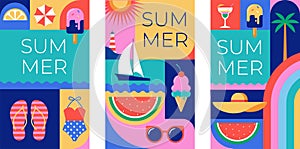 Colorful Geometric Summer and Travel Background, story templates, cards, posters, banners. Summer time fun concept