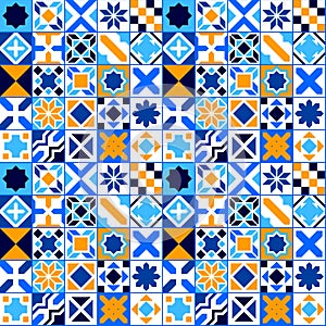 Colorful geometric tiles seamless pattern in blue orange and white, vector