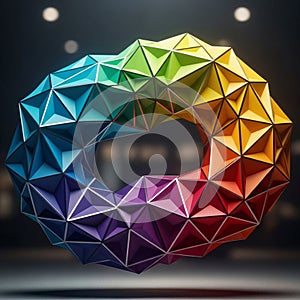A colorful geometric torus structure composed of interconnected triangular facets,