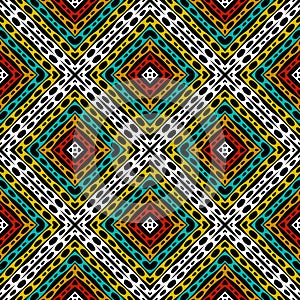 Colorful geometric vector seamless pattern. Ornamental tribal ethnic style bright background. Waffle ornaments. Repeat traditional