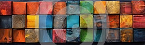 Colorful Geometric Wooden Cubes Texture Background - AI Generated Abstract Rainbow Wall Art Banner