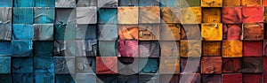 Colorful Geometric Wooden Cubes Texture Background - AI Generated Abstract Rainbow Wall Art Banner