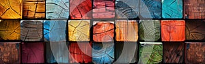 Colorful Geometric Wooden Cubes Texture Wall Background Banner - Rainbow Colored Abstract Squares Panorama with Long Textured