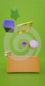 Colorful geometry toy box. Children game. 3D illustration
