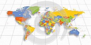 Colorful geopolitical map of World. Bottom perspective view with background grid. Vector illustration photo