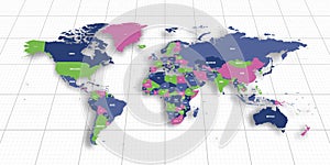 Colorful geopolitical map of World. Bottom perspective view with background grid. Vector illustration photo