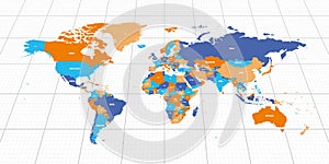 Colorful geopolitical map of World. Bottom perspective view with background grid. Vector illustration photo