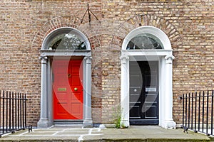 Colorful georgian doors in Dublin, Ireland. Historic doors in different colors painted as protest against English King