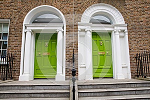 Colorful georgian doors in Dublin, Ireland. Historic doors in different colors painted as protest against English King