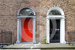 Colorful georgian doors in Dublin, Ireland. Historic doors in different colors painted as protest against English King