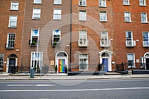 Colorful georgian doors in Dublin, Ireland. Historic doors in different colors painted as protest against English King