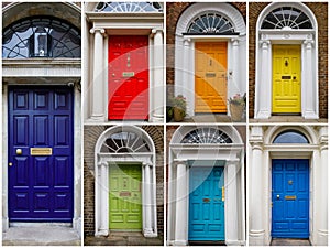 Colorful georgian doors in Dublin, Ireland. Historic doors in different colors painted as protest against English King