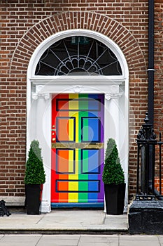 Colorful georgian doors in Dublin, Ireland. Historic doors in different colors painted as protest against English King