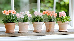 Colorful geraniums in clay pots on sunny windowsill