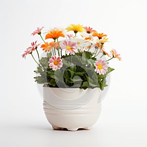 Colorful Gerbera Flower Pot On White Background