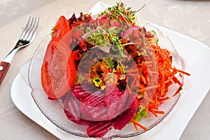 Colorful German summer salad with beets, carrots, lettuce, tomato, radish and herbs
