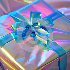 Colorful Gift Box with Blue Ribbon, Multicolor Lights, Chromatic
