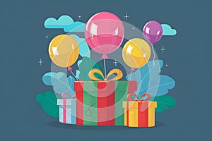 Colorful gift box and buoyant balloons illustrated in vector format