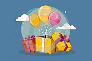 Colorful gift box and buoyant balloons illustrated in vector format