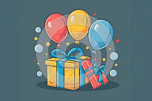 Colorful gift box and buoyant balloons illustrated in vector format