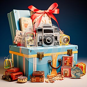 Colorful gift box overflowing with unique and unusual items