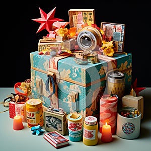 Colorful gift box overflowing with unique and unusual items