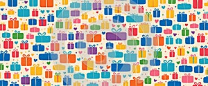 colorful gift box pattern with confetti on beige background