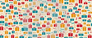 colorful gift box pattern with confetti on beige background