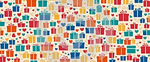 colorful gift box pattern with confetti on beige background