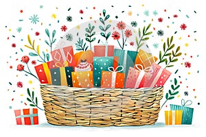 Colorful gift boxes in a basket with festive plants, ideal for holiday promotions and greeting cards.