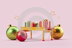 Colorful gift boxes on conveyor, big christmas balls and stars