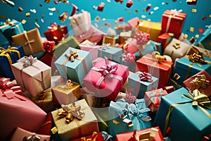 Colorful gift boxes exploding with festive confetti for birthday celebration
