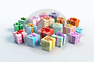 Colorful Gift Boxes Set On White Background, 3D. Generative AI