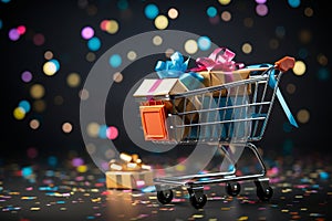 Colorful gift boxes in shopping cart for black friday sale and online shopping frenzy