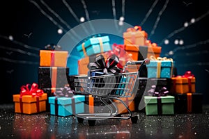 Colorful gift boxes in shopping cart on blue backgroundblack friday sale and online shopping.