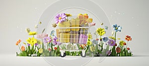 Colorful gift boxes in vibrant shopping cart on clean white background, exuding cheerfulness photo
