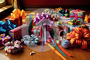 colorful gift wrap rolls, ribbons, and bows on table