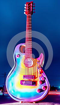 Colorful Gigantic guitar emerges from Vegas lights generative AI